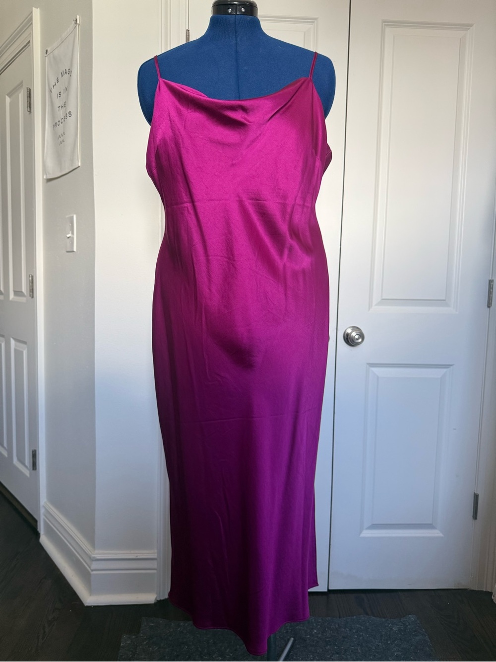Fuchsia Slip Satin Midi Dress with Cowl Neck